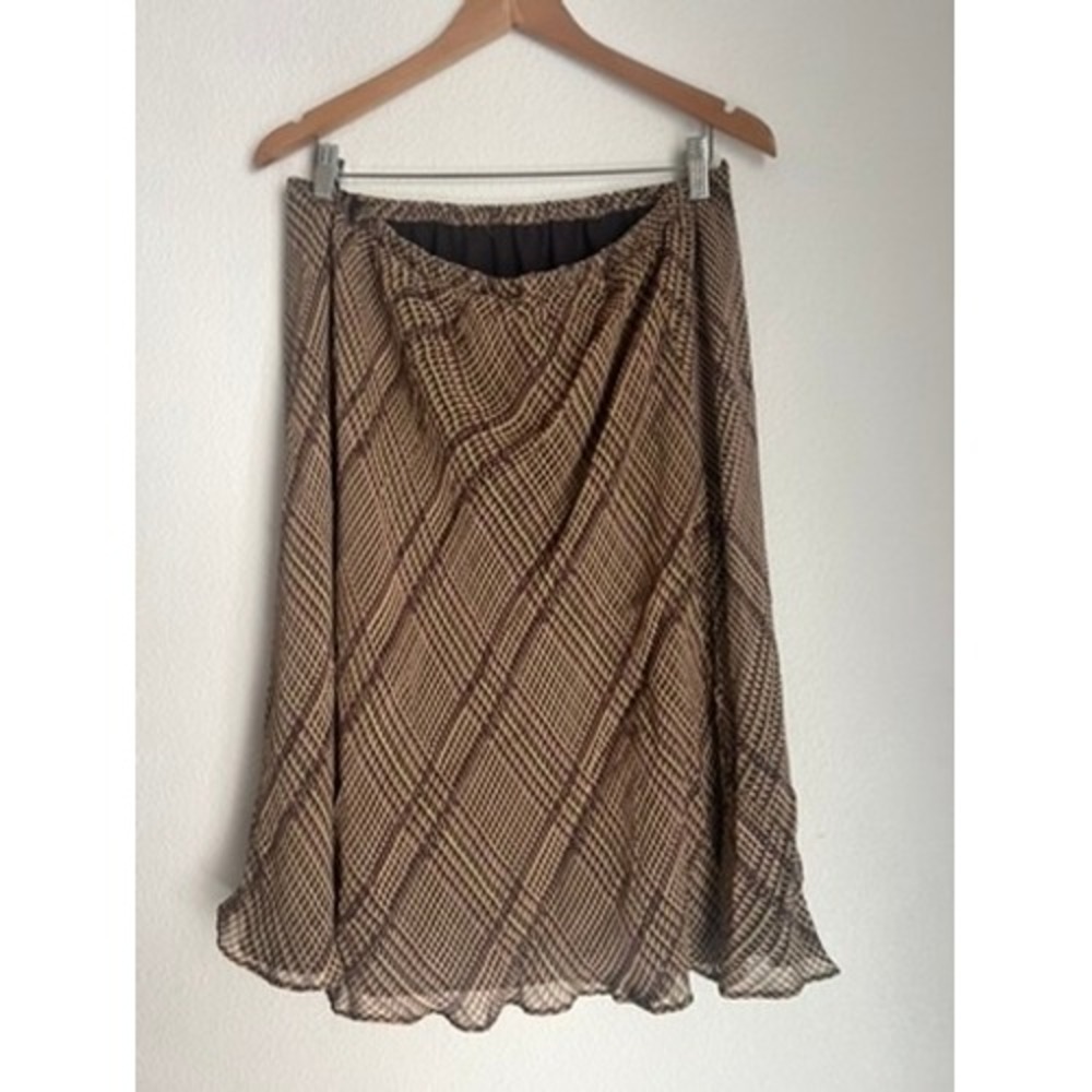 Brown Plaid Midi Skirt Elastic Waist Sheer Lined Lightweight‎ - Picture 2 of 5